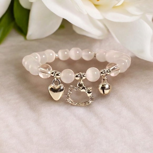 Sanrio HELLO KITTY Pearly White Crystal Beaded Rhinestone Charm Bracelet - Picture 11 of 15